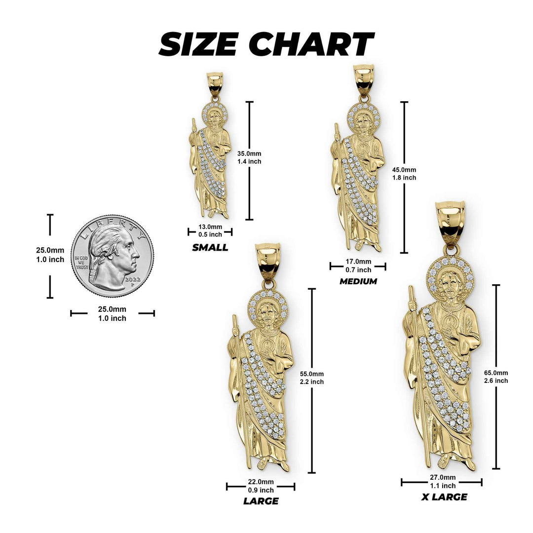 Size comparison infographic detailing the dimensions of the 10k and 14k gold San Judas pendants.