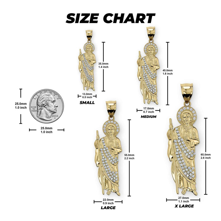 Size comparison infographic detailing the dimensions of the 10k and 14k gold San Judas pendants.