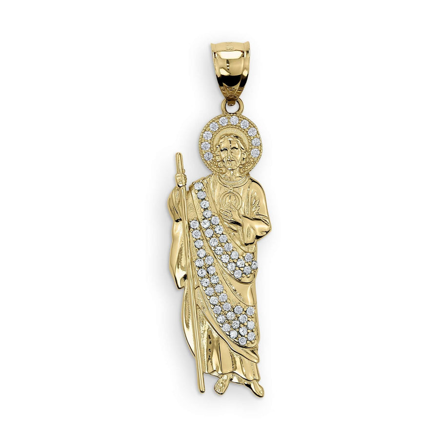 Gold San Judas pendant featuring a crystal halo and robe on a clean white background.