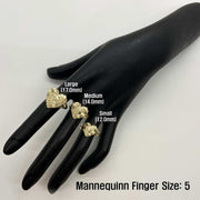 10k - 14k Velin Nugget Gold rings displayed on a black mannequin hand with size labels.