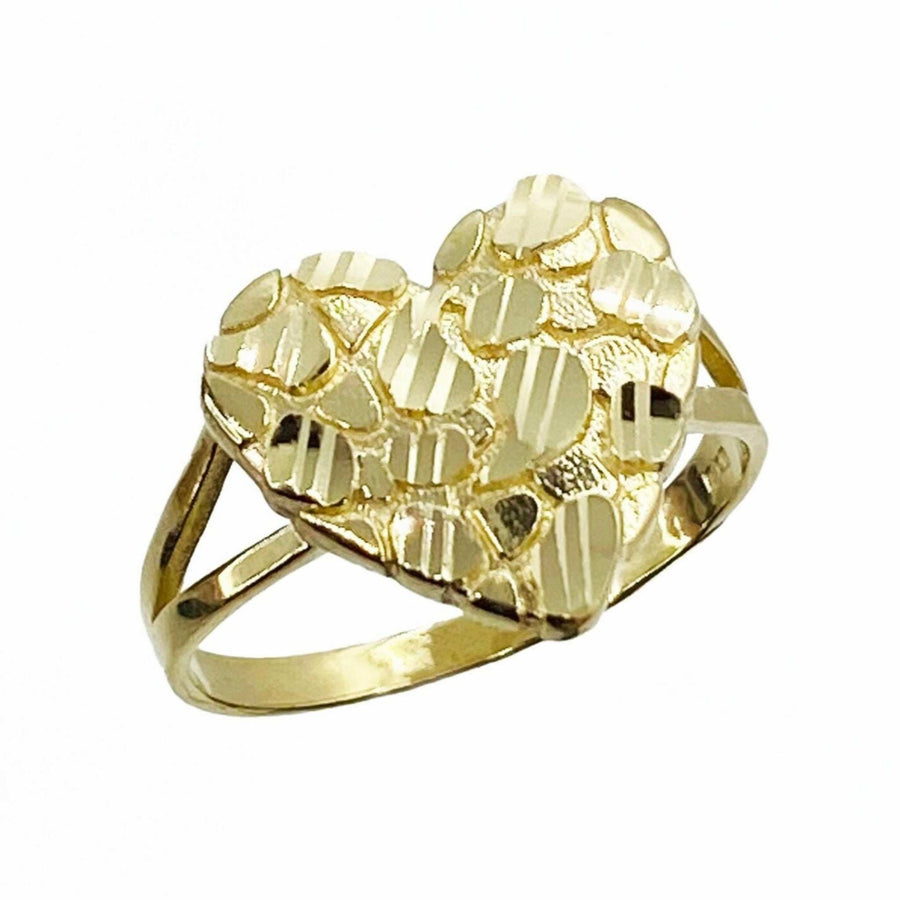 10k yellow gold nugget heart ring front view on white background