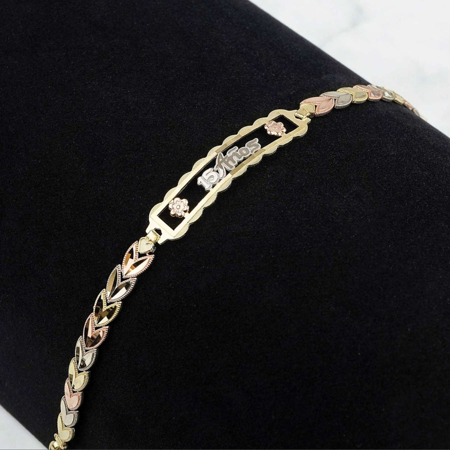 10k & 14k Gold Velux Tricolor Quinceanera "15 Anos" Leaf Bracelet