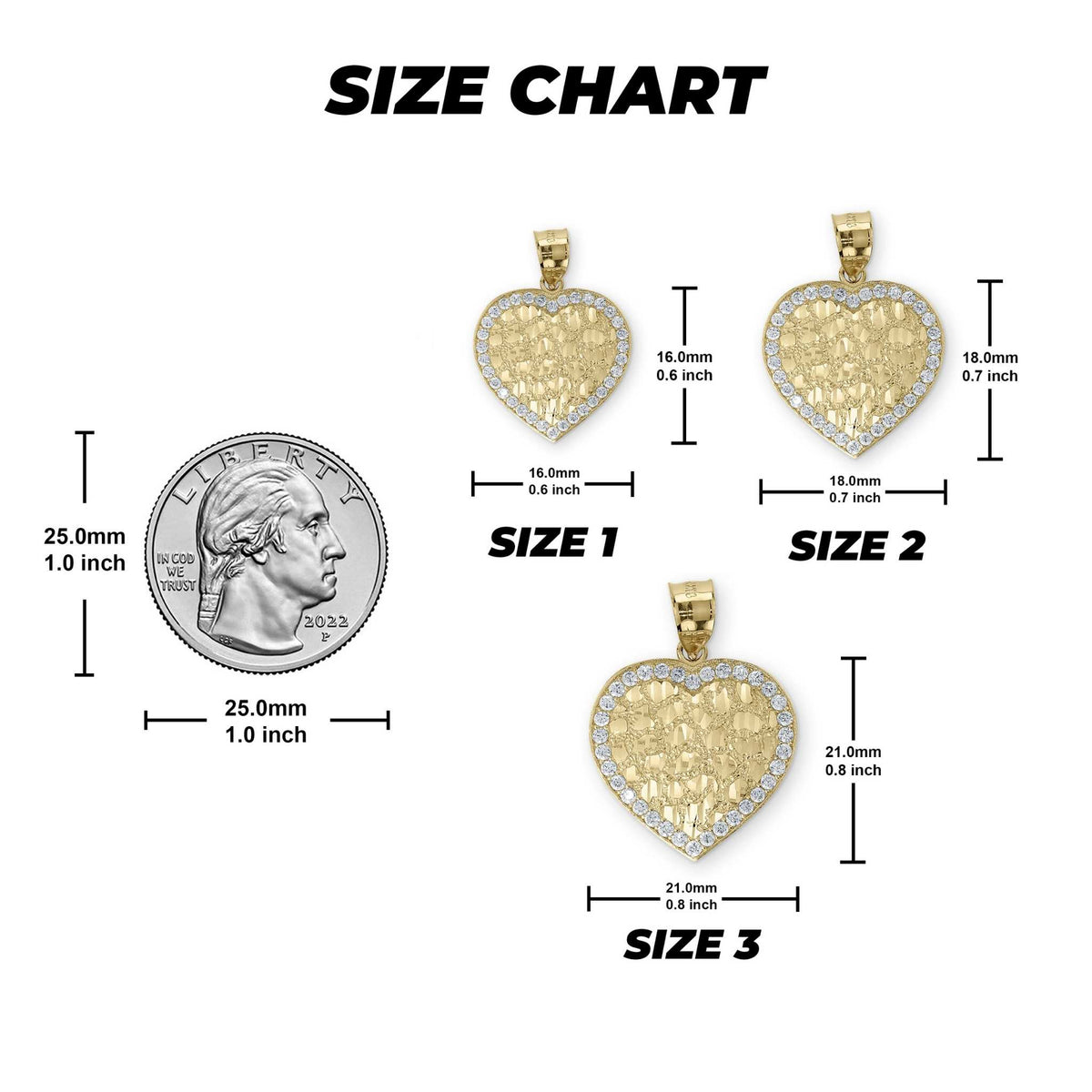 Size chart graphic displaying three heart-shaped gold pendants next to a quarter coin.
