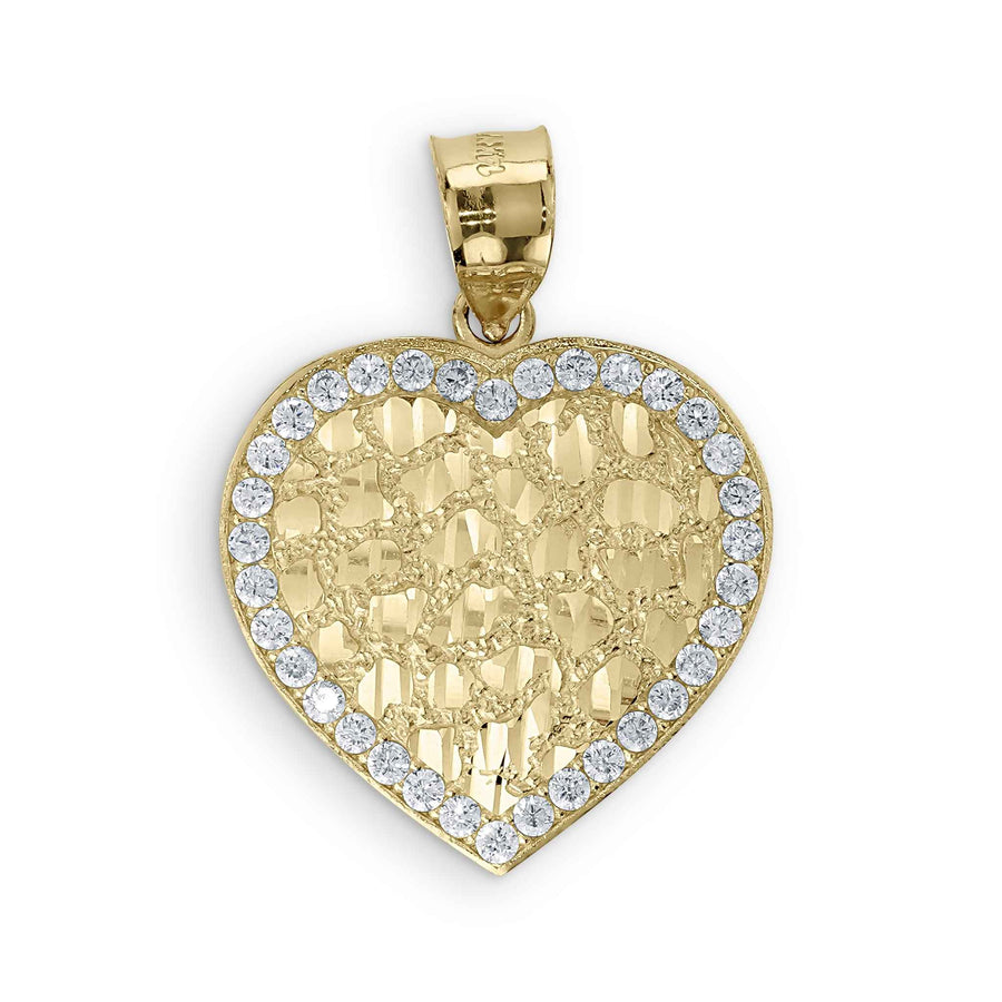 Yellow gold heart pendant with textured nugget center and clear pavé cubic zirconia border.