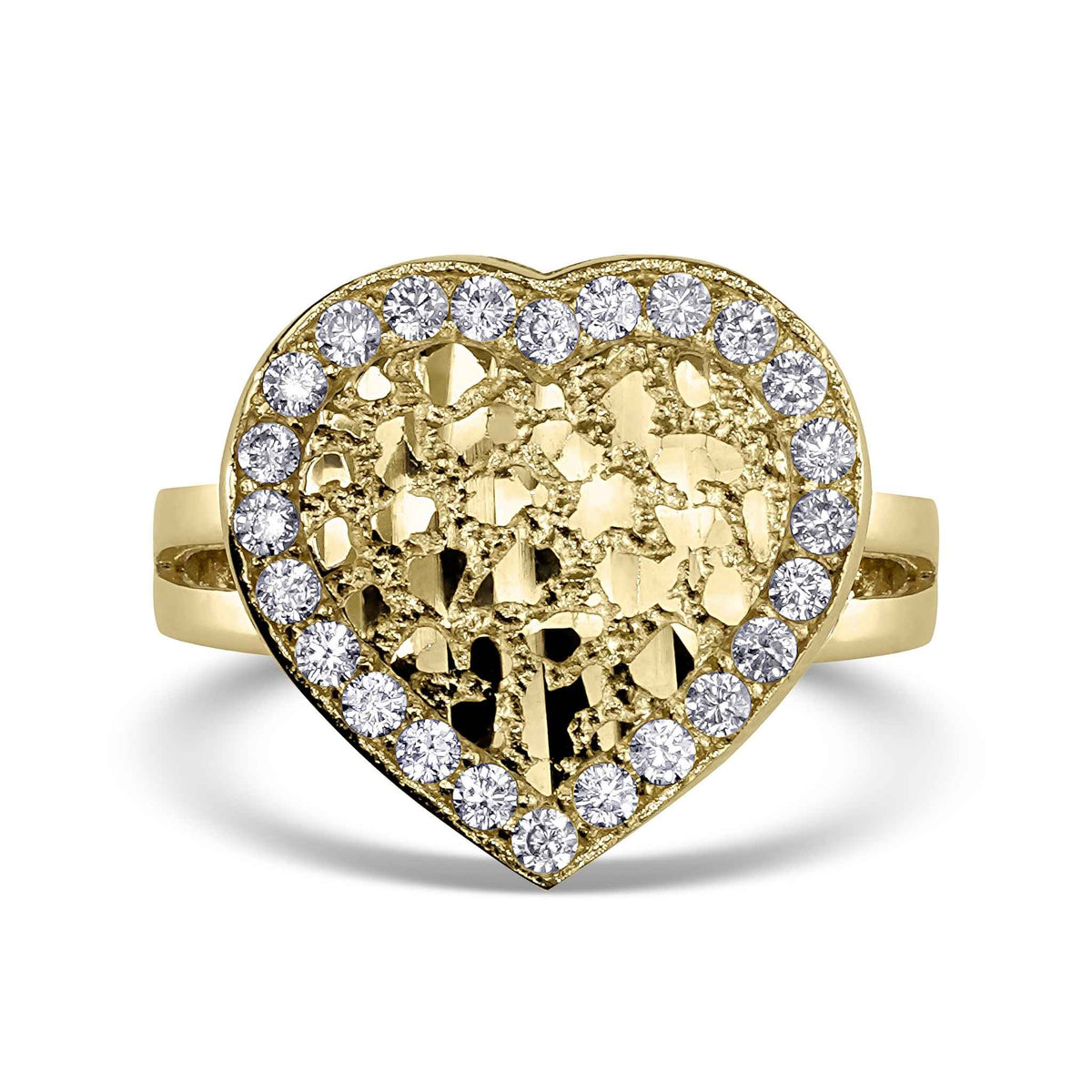 Diamond-cut yellow gold heart nugget ring with a pave-set cubic zirconia border on white.