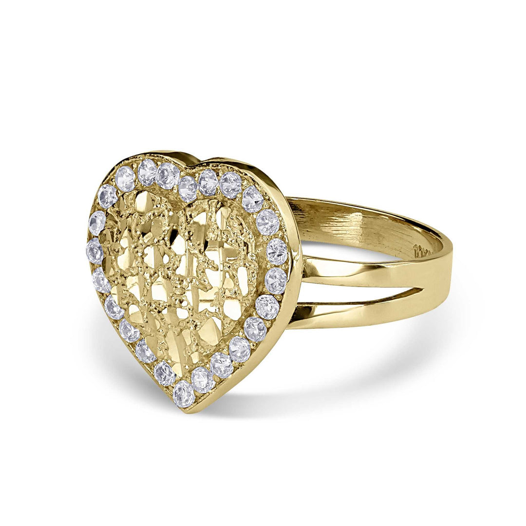 Side view of a yellow gold heart nugget ring showcasing a split-shank band design.