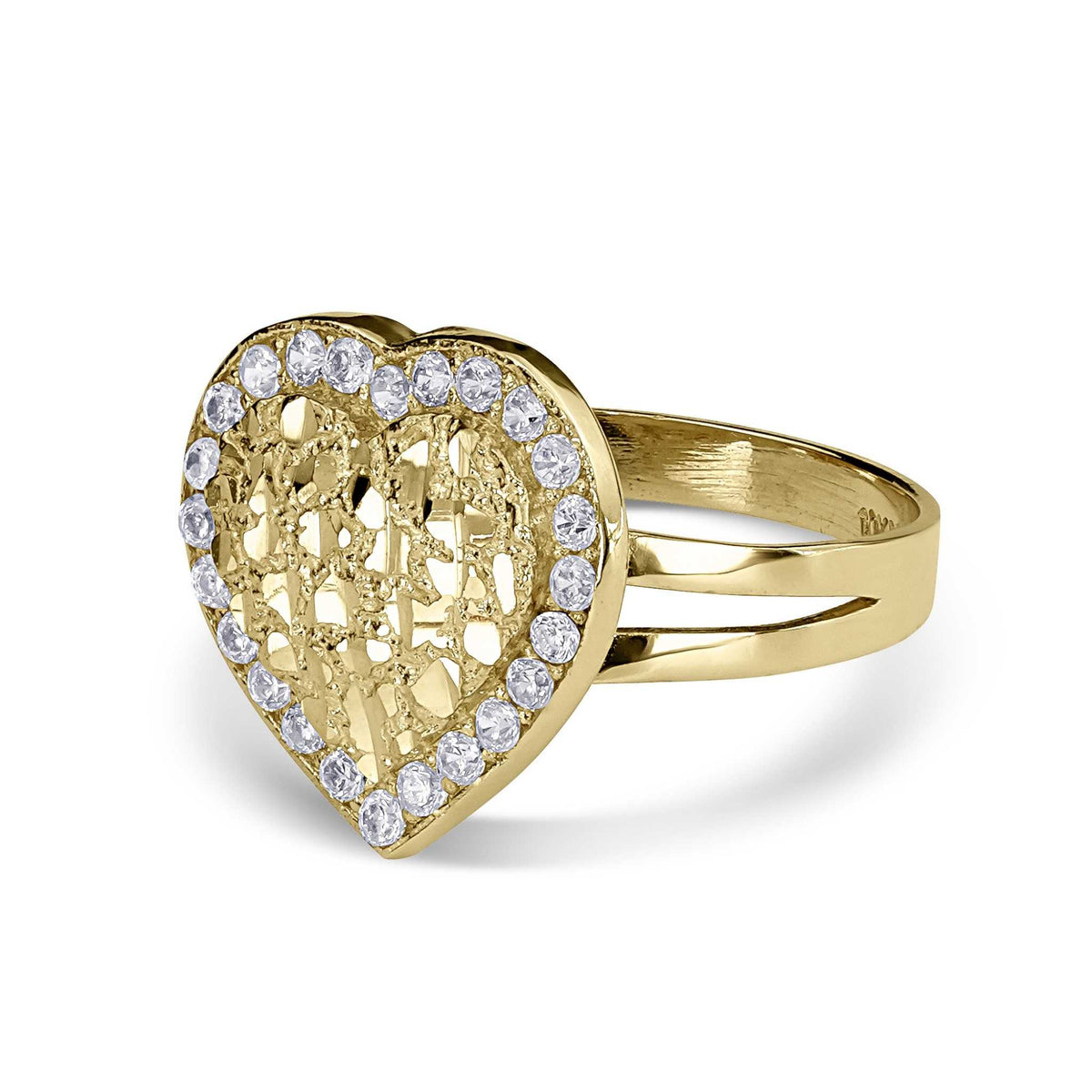 Side view of a yellow gold heart nugget ring showcasing a split-shank band design.