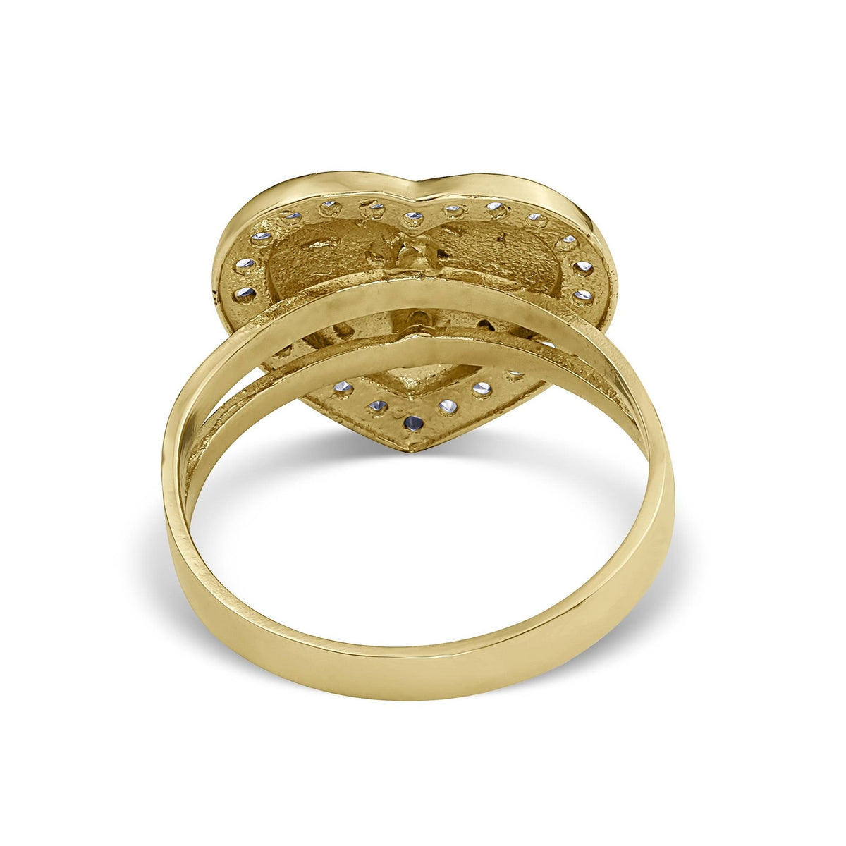 Underneath angle of yellow gold heart nugget ring displaying the polished solid band.