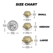 Size chart for 10k & 14k Gold Vintage Heart Nugget CZ Ring comparing dimensions to a US quarter.