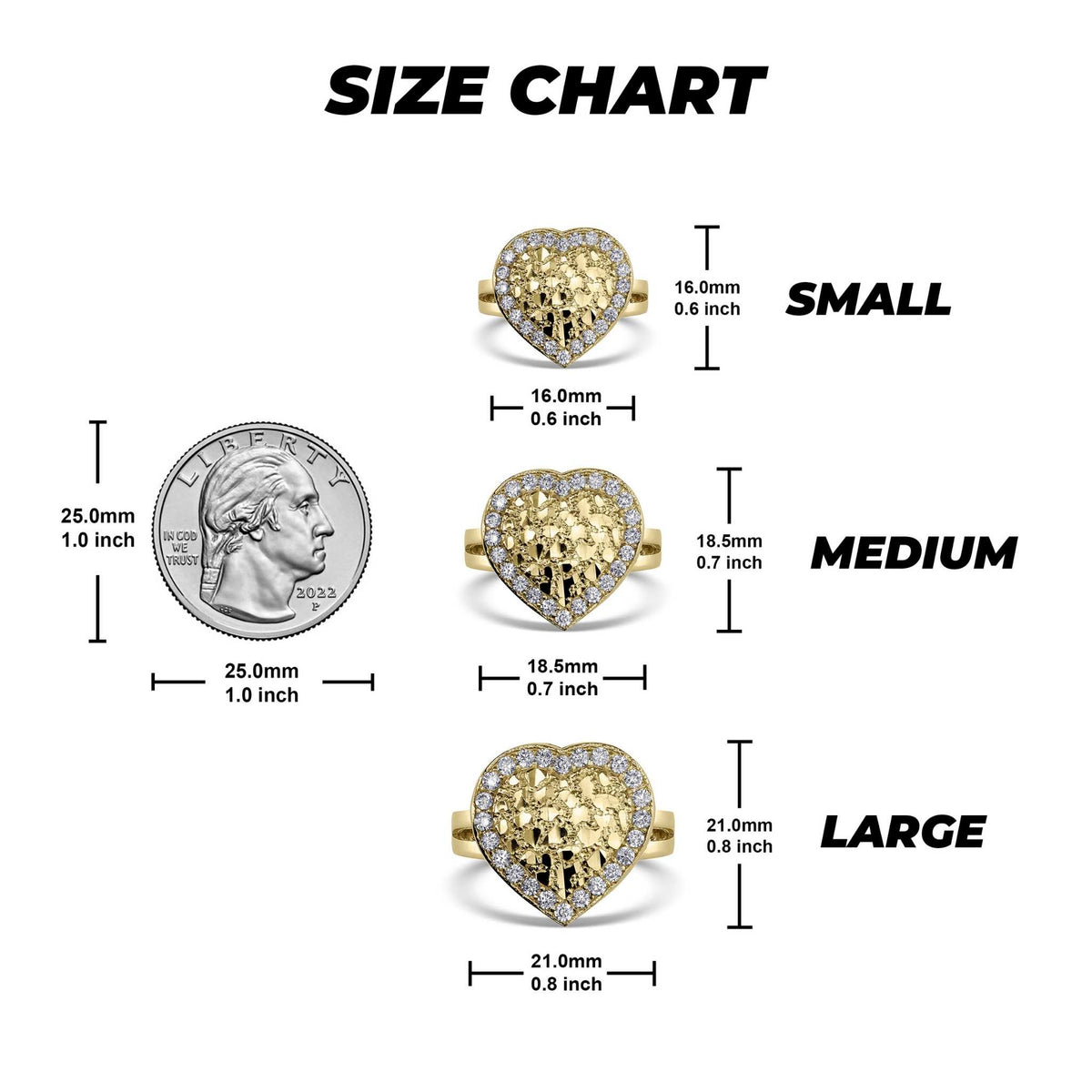 Size chart for 10k & 14k Gold Vintage Heart Nugget CZ Ring comparing dimensions to a US quarter.