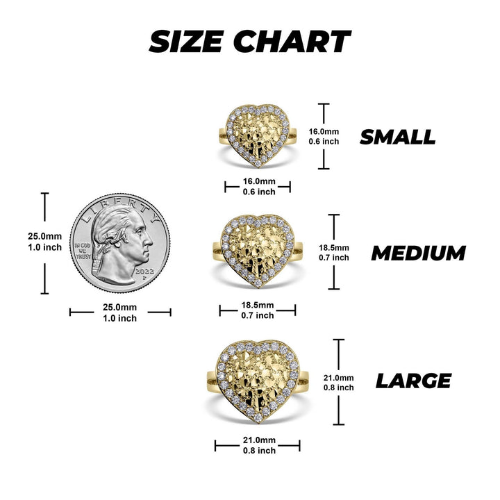 Size chart for 10k & 14k Gold Vintage Heart Nugget CZ Ring comparing dimensions to a US quarter.
