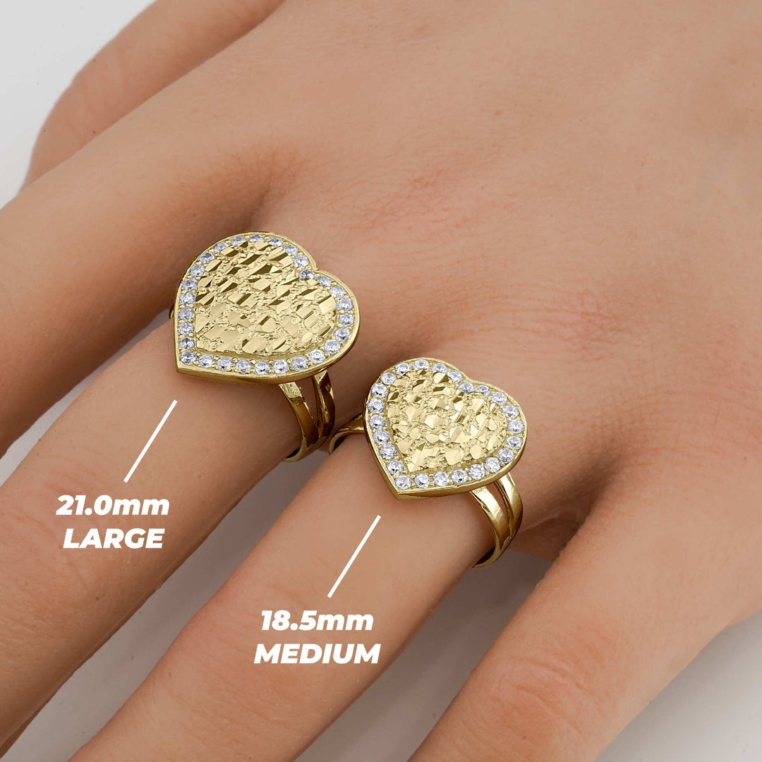 Hand wearing 18.5mm medium and 21.0mm large sizes of 10k & 14k Gold Vintage Heart Nugget CZ Ring.