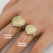 Hand wearing 18.5mm medium and 21.0mm large sizes of 10k & 14k Gold Vintage Heart Nugget CZ Ring.