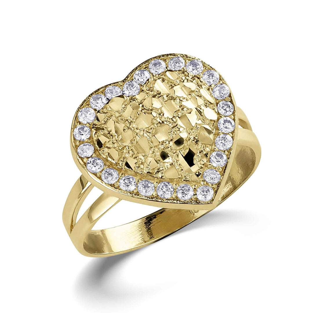 Gold heart nugget ring featuring a textured center surrounded by a cubic zirconia border.