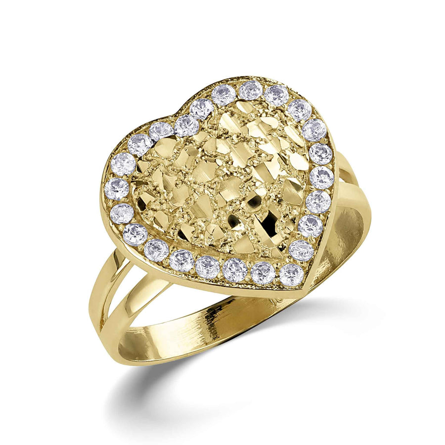 Gold heart nugget ring featuring a textured center surrounded by a cubic zirconia border.