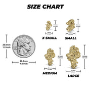 Size chart for gold vintage nugget stud earrings comparing four sizes against a coin.