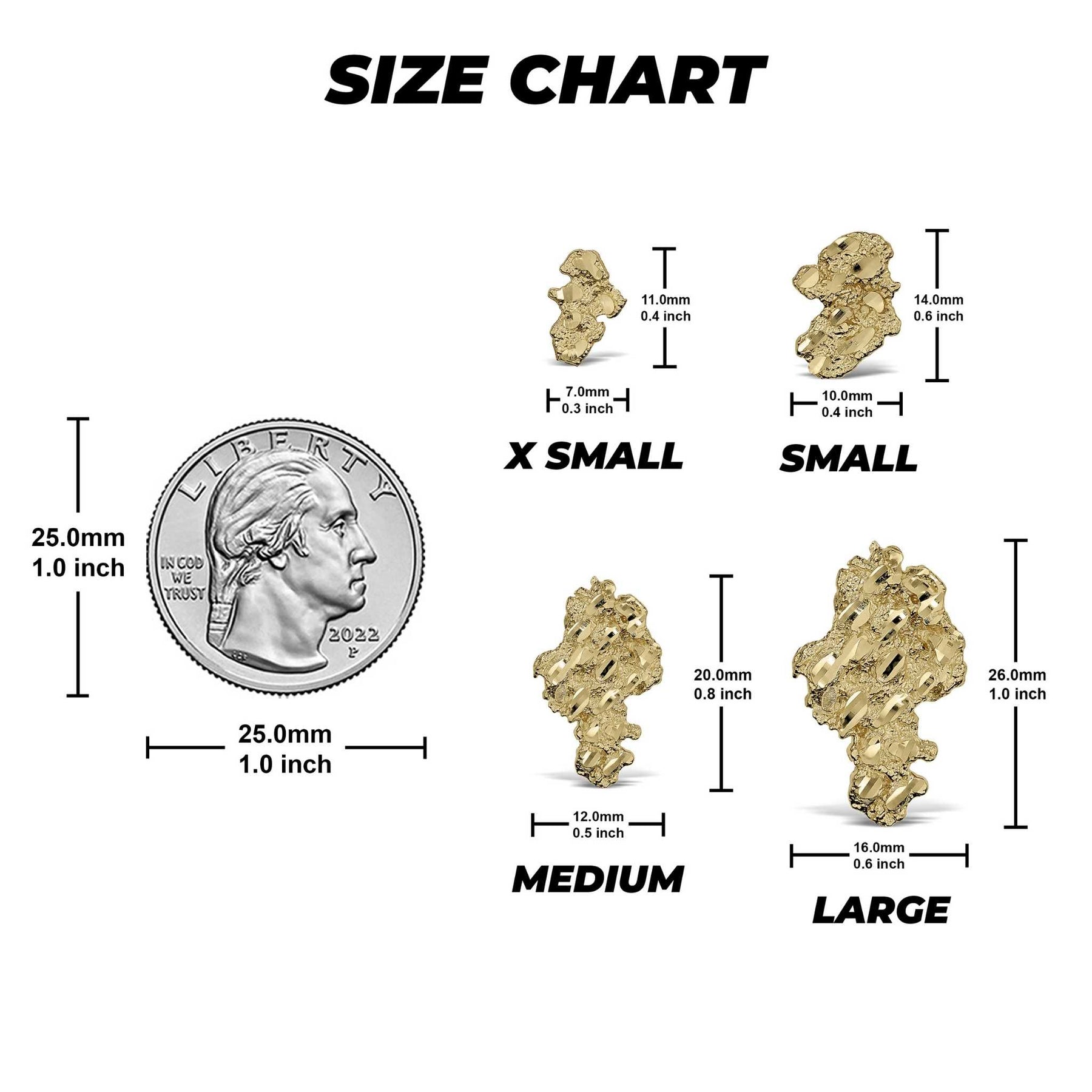 Size chart for gold vintage nugget stud earrings comparing four sizes against a coin.