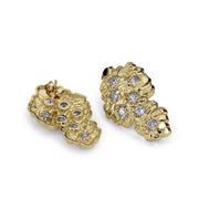Front and back view of gold vintage nugget stud earrings with cubic zirconia.