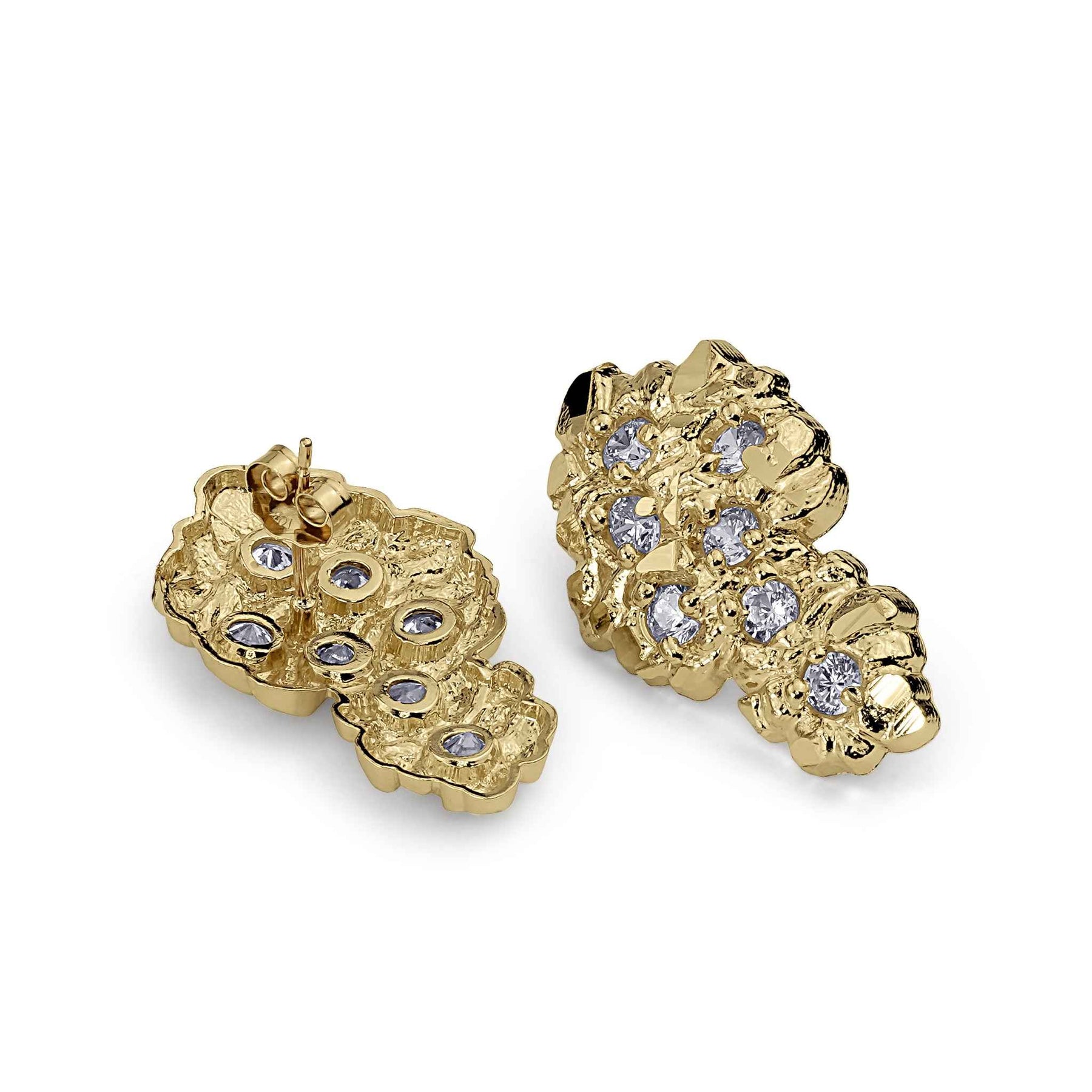 Front and back view of gold vintage nugget stud earrings with cubic zirconia.