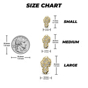 Size guide showing small, medium, and large nugget earring dimensions next to a quarter.