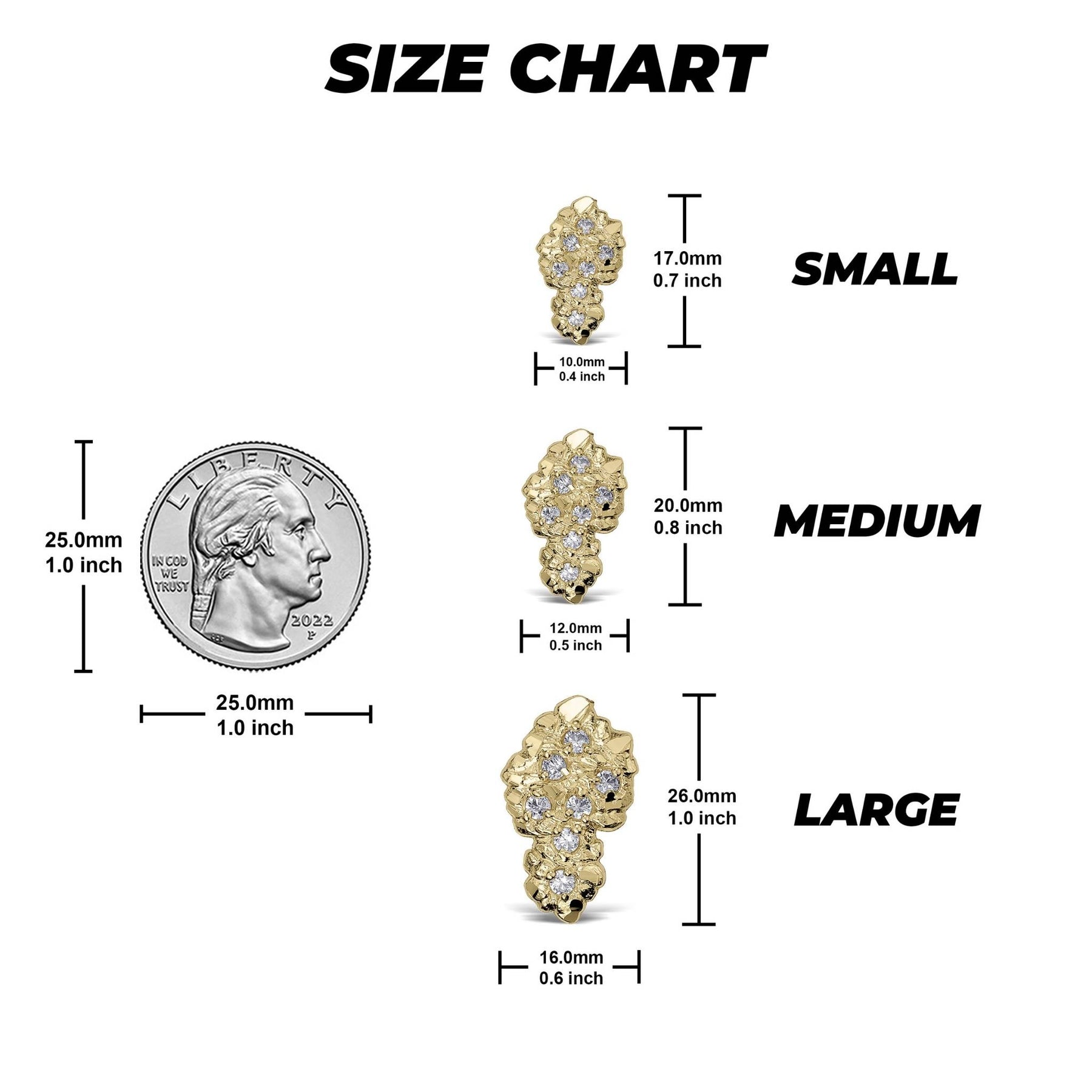Size guide showing small, medium, and large nugget earring dimensions next to a quarter.