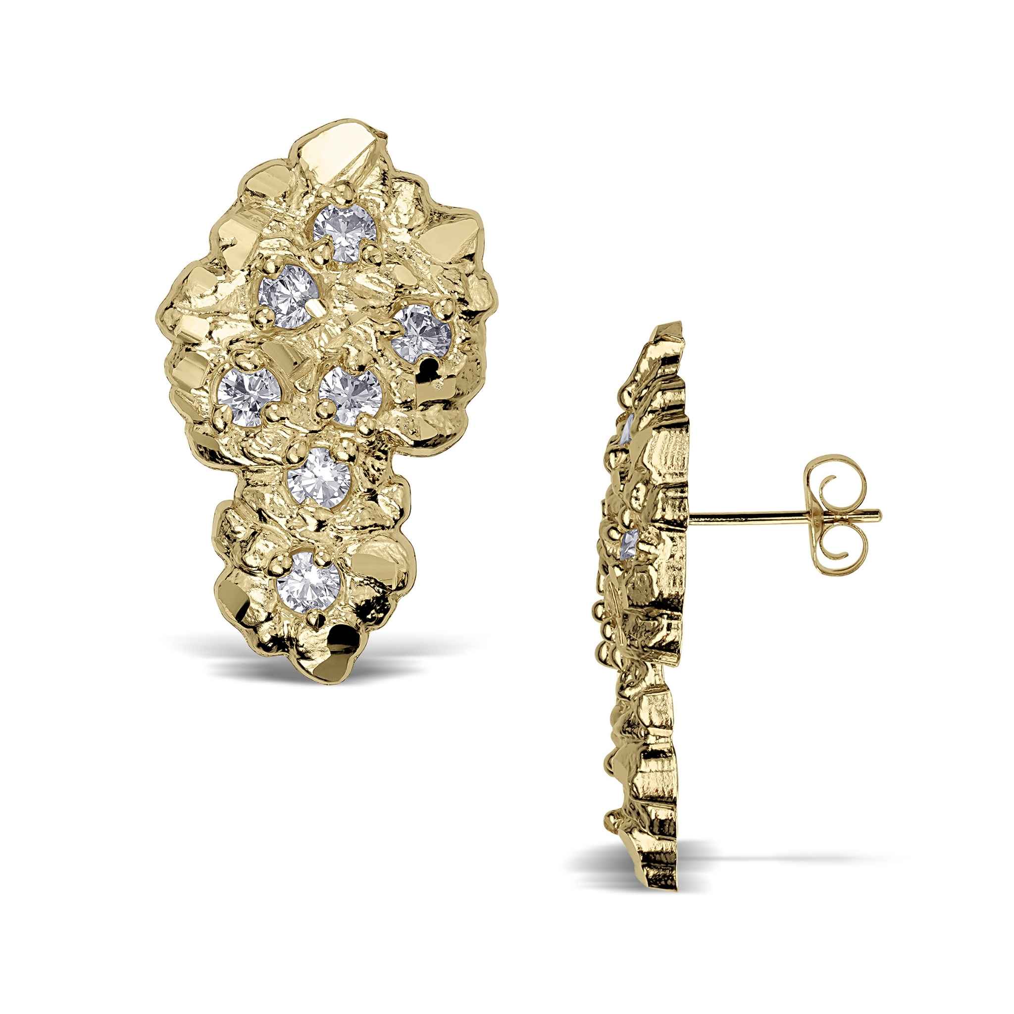 Front and side profile view of vintage nugget stud earrings with cubic zirconia.