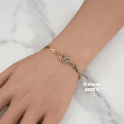 Gold 11.0mm Size 1 Virgin Mary butterfly bracelet worn on a wrist
