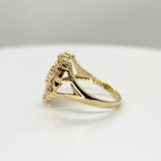 10k - 14k Gold ring with heart shape design side view on a light gray background