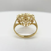 10k - 14k Gold heart ring with intricate design back view on a white background 