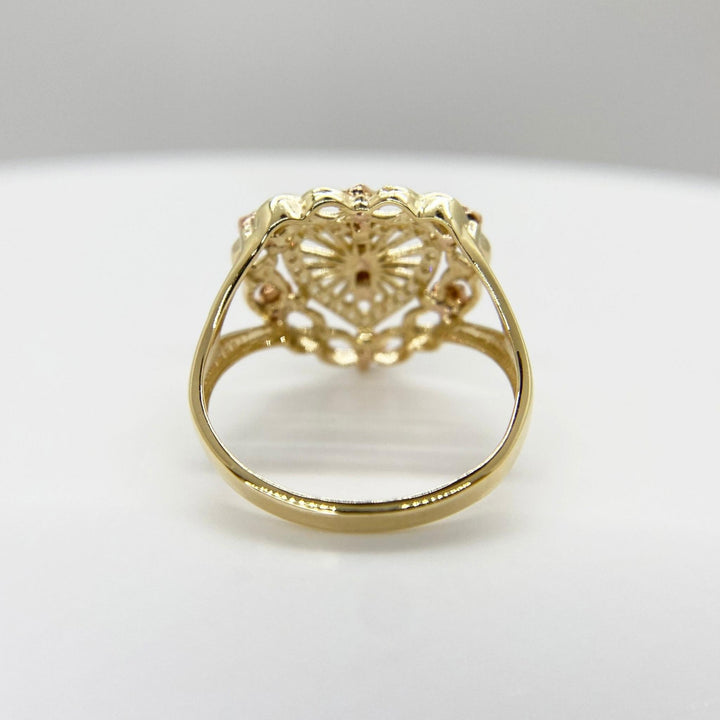 10k - 14k Gold heart ring with intricate design back view on a white background 