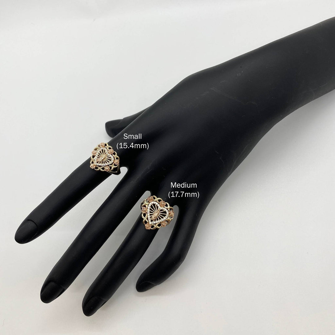 10k - 14k Gold heart shape rings sizes Small 15.4mm and Medium 17.7mm on a black mannequin hand.