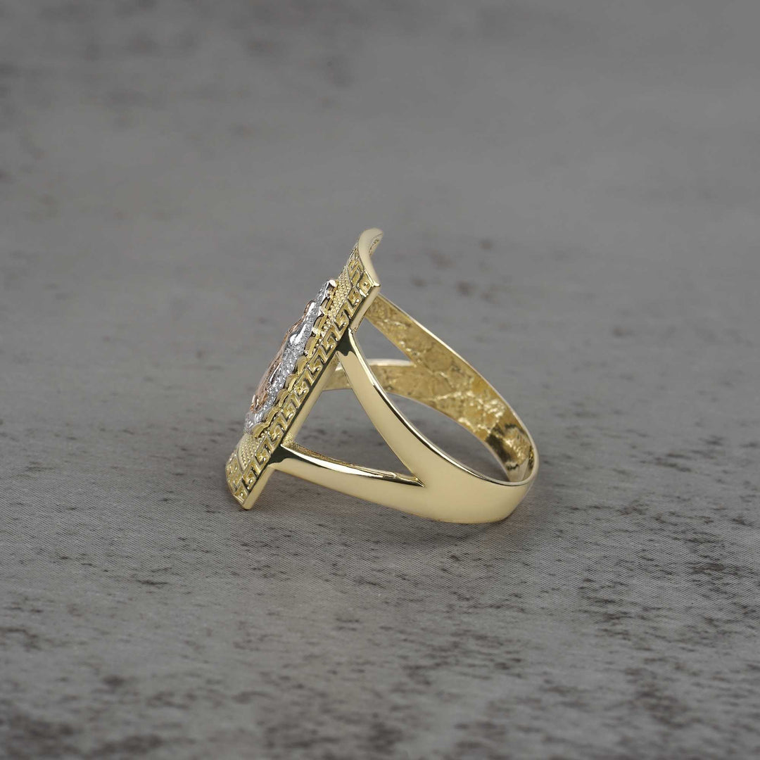 10k - 14k gold ring rectangle shape with Virgin Mary design side view