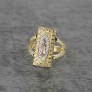 10k - 14k Gold rectangle ring with Virgin Mary design on a gray background
