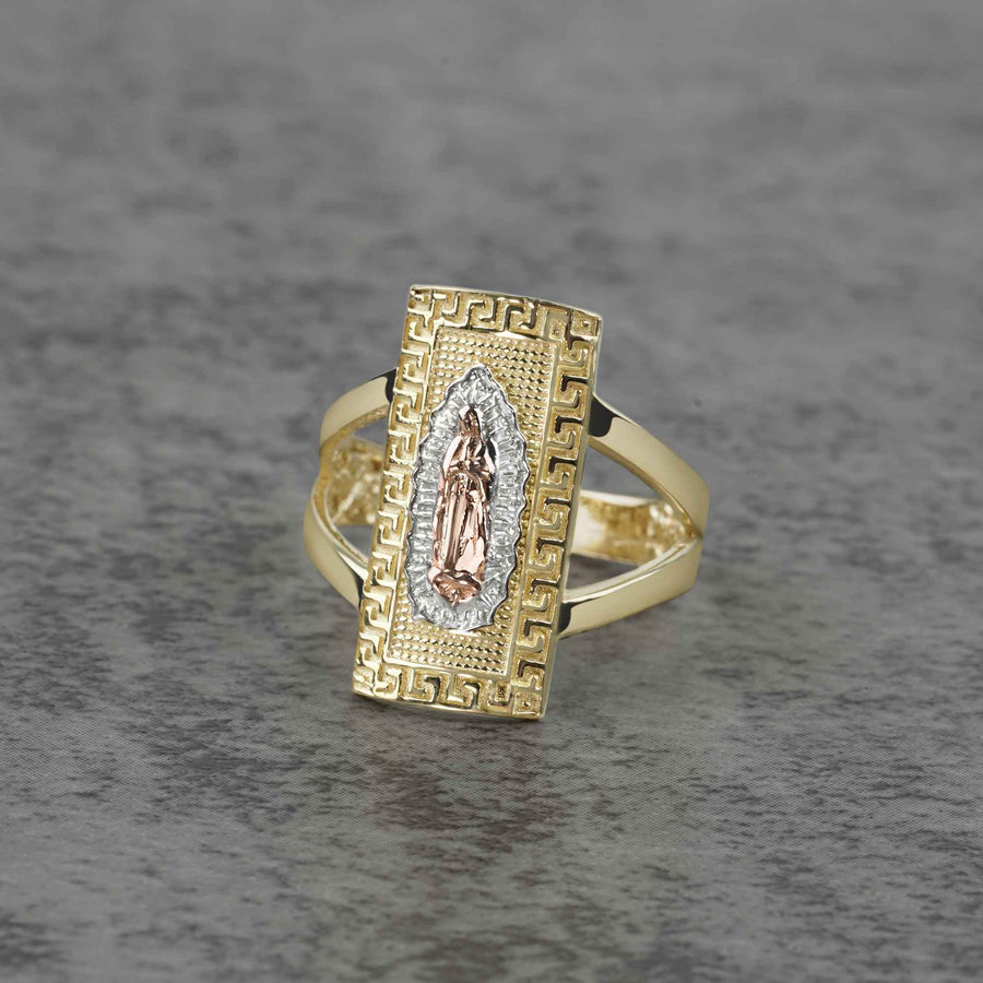 10k - 14k Gold rectangle ring with Virgin Mary design on a gray background