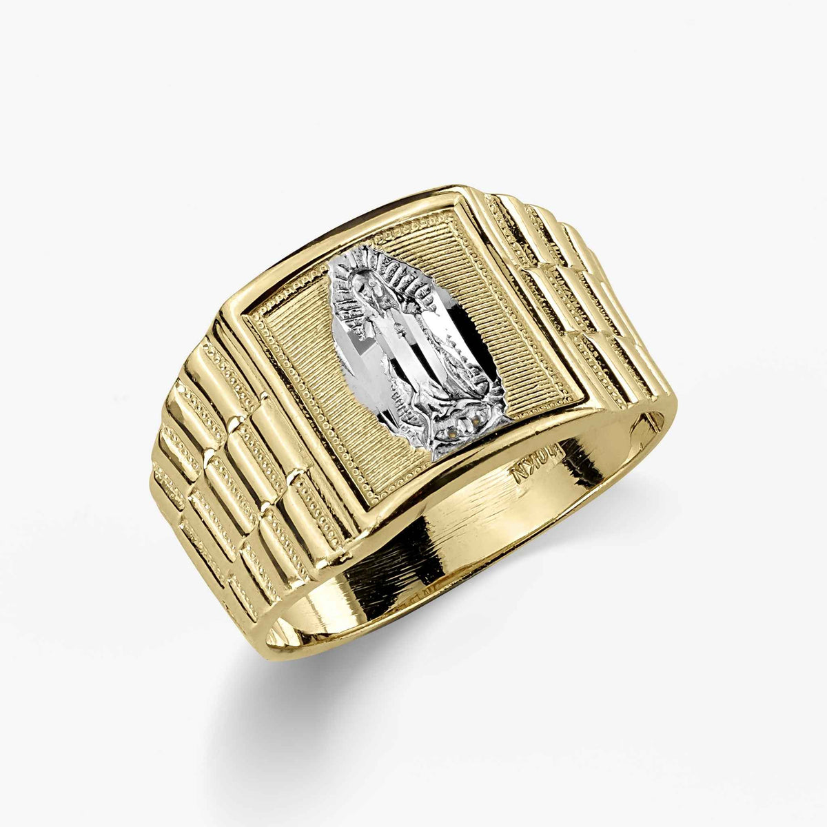 Front view of 10k or 14k gold Virgin Mary religious Rollie ring.