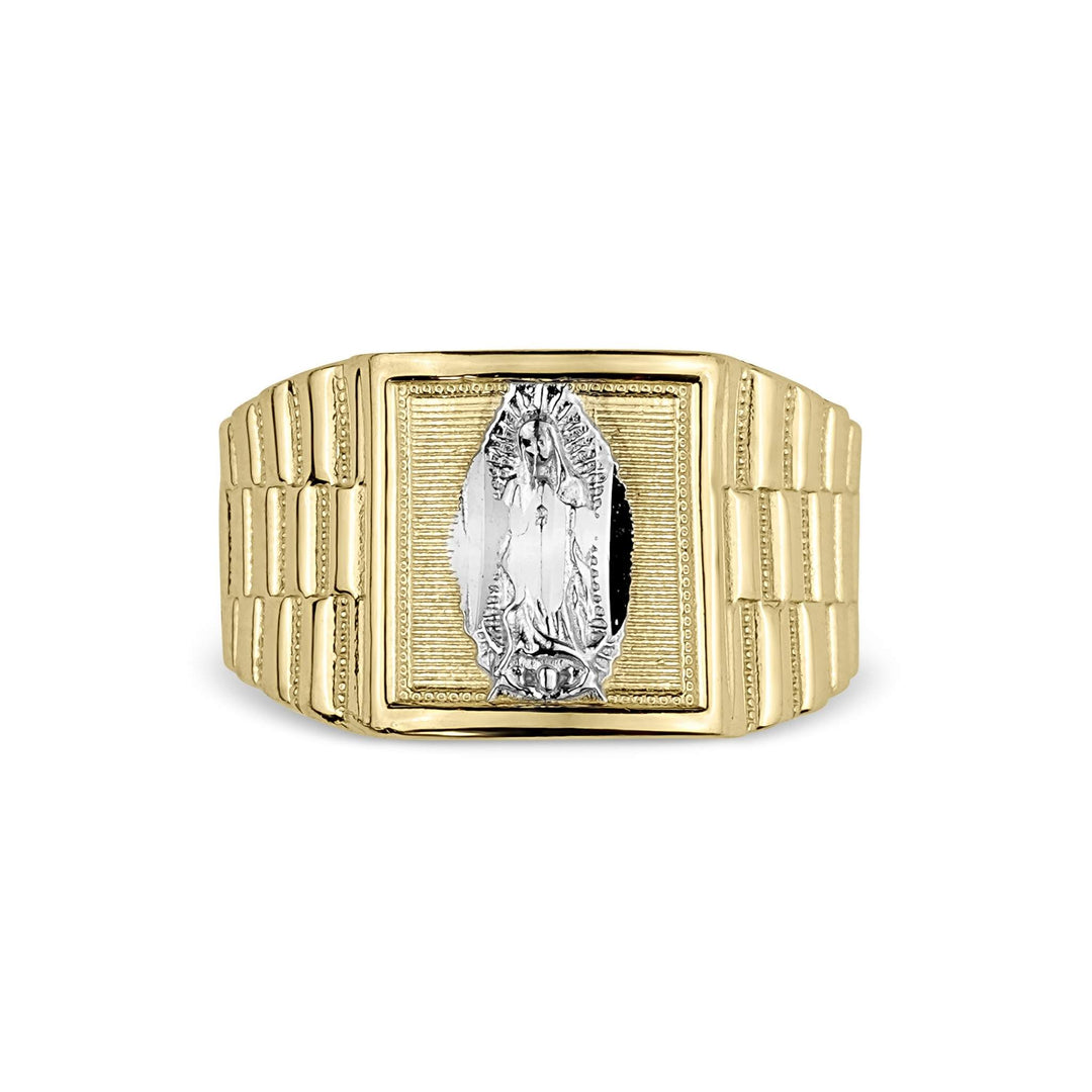 Front-facing view of gold Virgin Mary Rollie ring with watch band detailing on white.