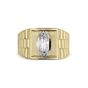 Front-facing view of gold Virgin Mary Rollie ring with watch band detailing on white.