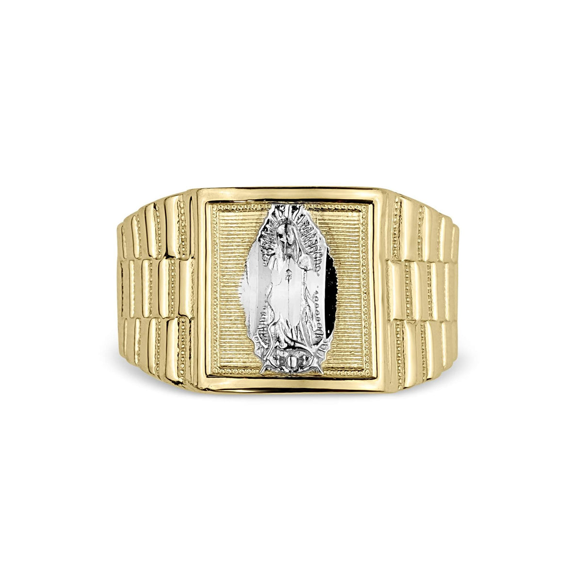 Front-facing view of gold Virgin Mary Rollie ring with watch band detailing on white.