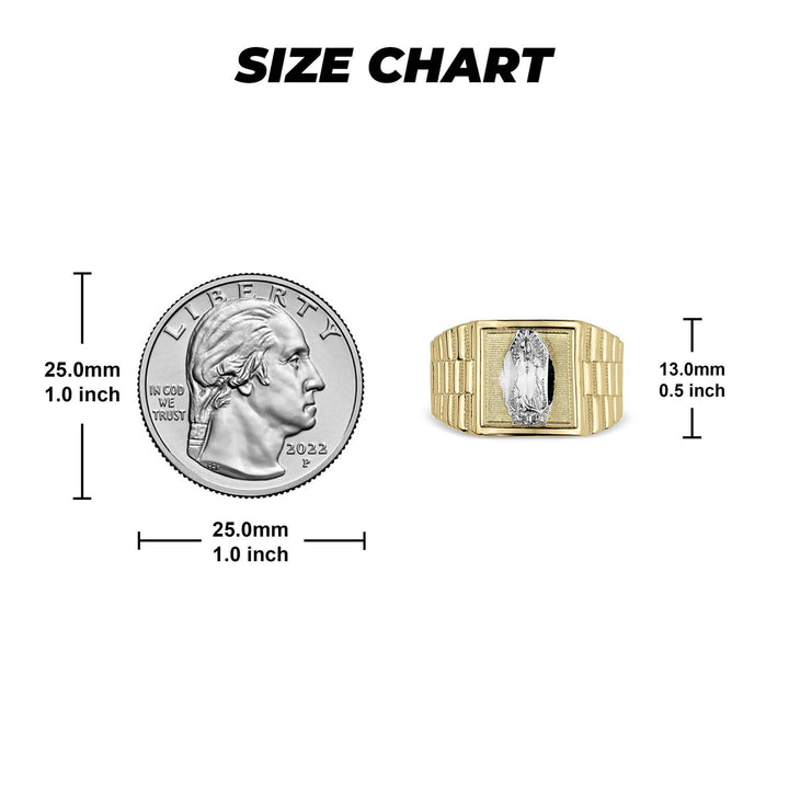 Size chart comparing the gold Virgin Mary Rollie ring dimensions to a US quarter.