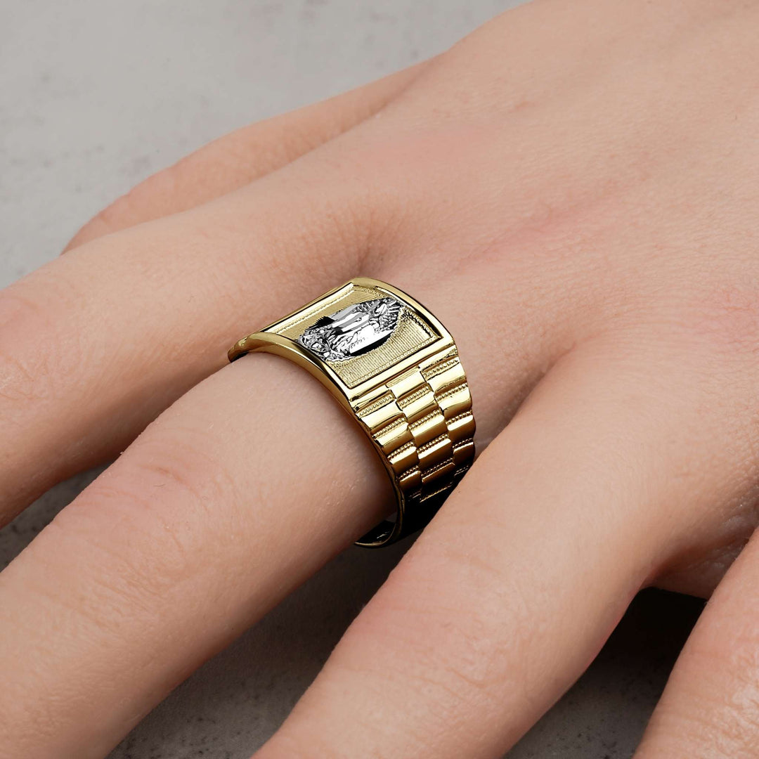 10k - 14k Gold Virgin Mary religious Rollie ring with a watch band design worn on hand.