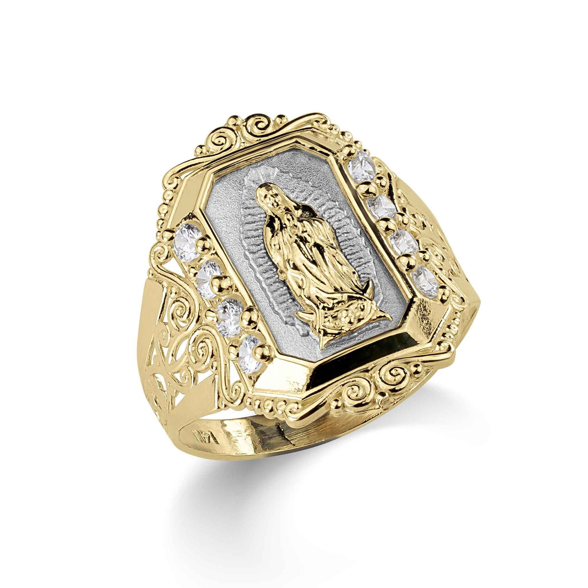Gold and white gold Virgin Mary religious ring with cubic zirconia on white.