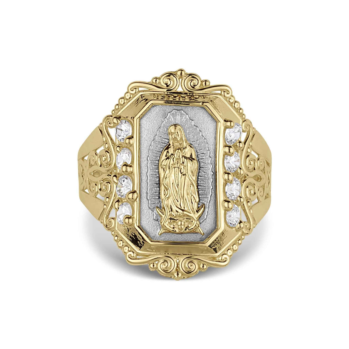 Two-tone gold Virgin Mary Guadalupe ring with cubic zirconia accents isolated on white.