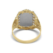 Back view of gold Virgin Mary two-tone CZ royal ring on white background.