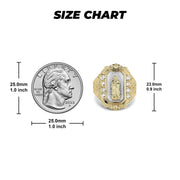 Product size guide showing gold Virgin Mary royal ring height compared with a quarter.