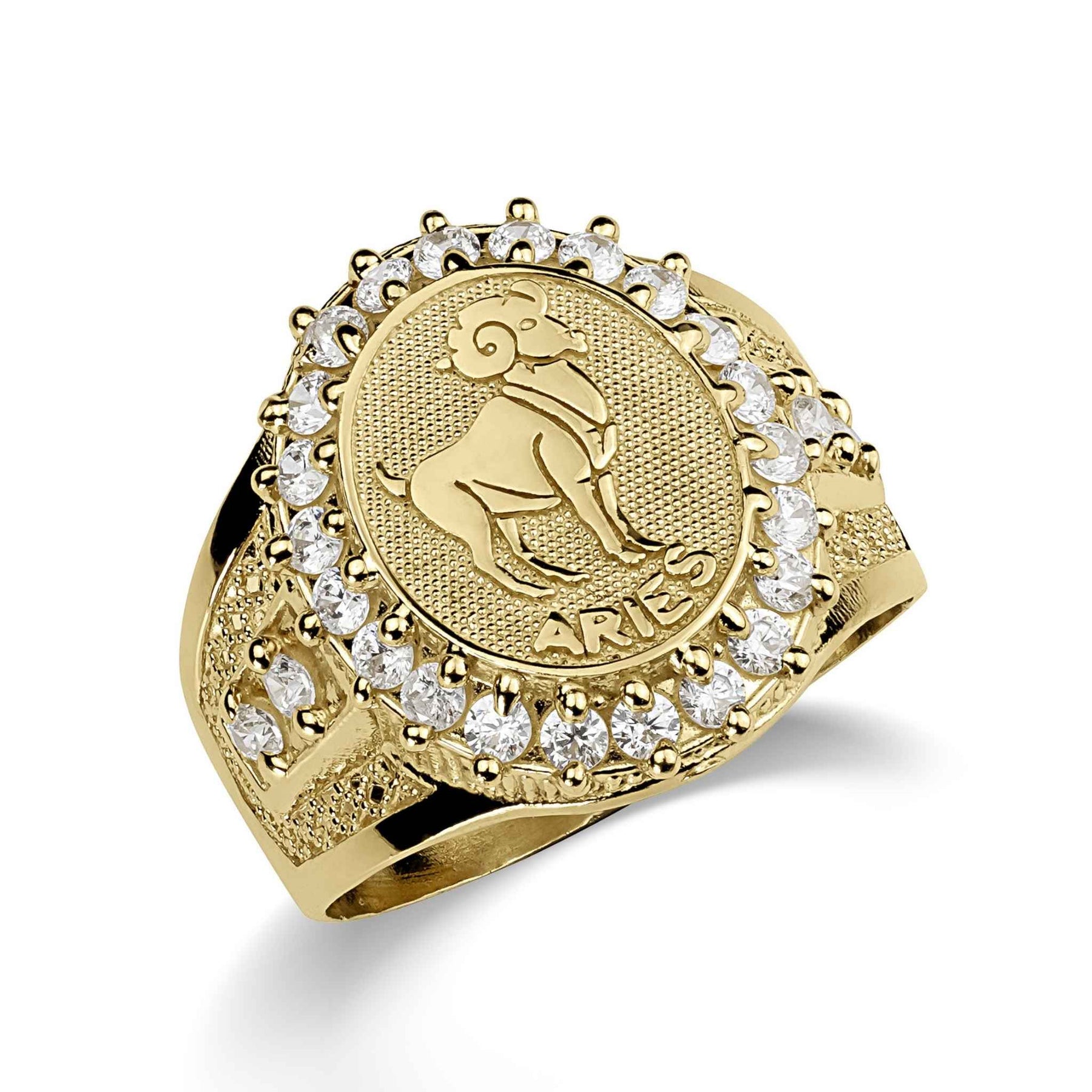 Angled view of a gold Aries zodiac signet ring with a cubic zirconia halo.