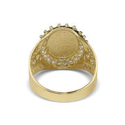 Back view of a gold zodiac signet ring showing the textured round undercarriage.