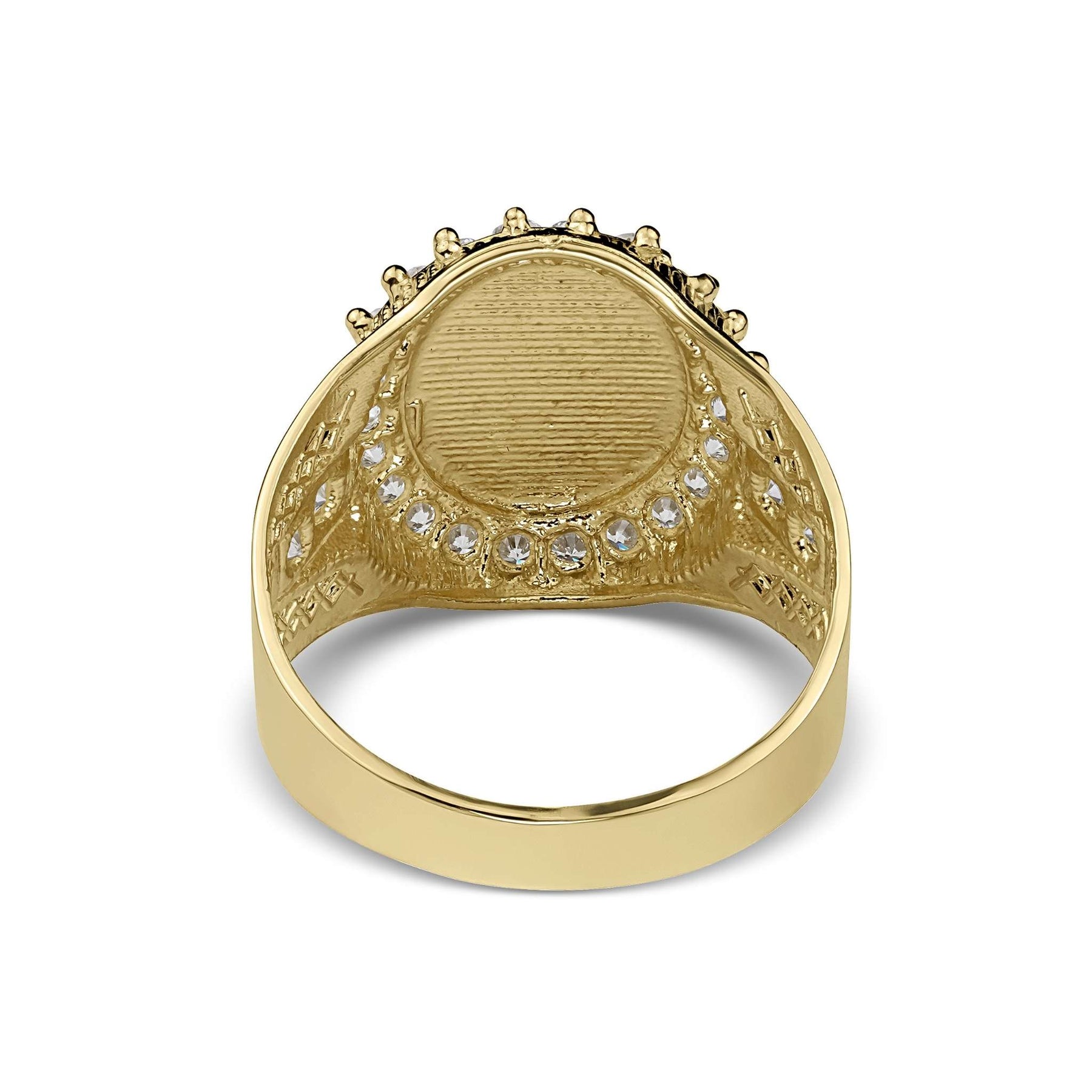 Back view of a gold zodiac signet ring showing the textured round undercarriage.