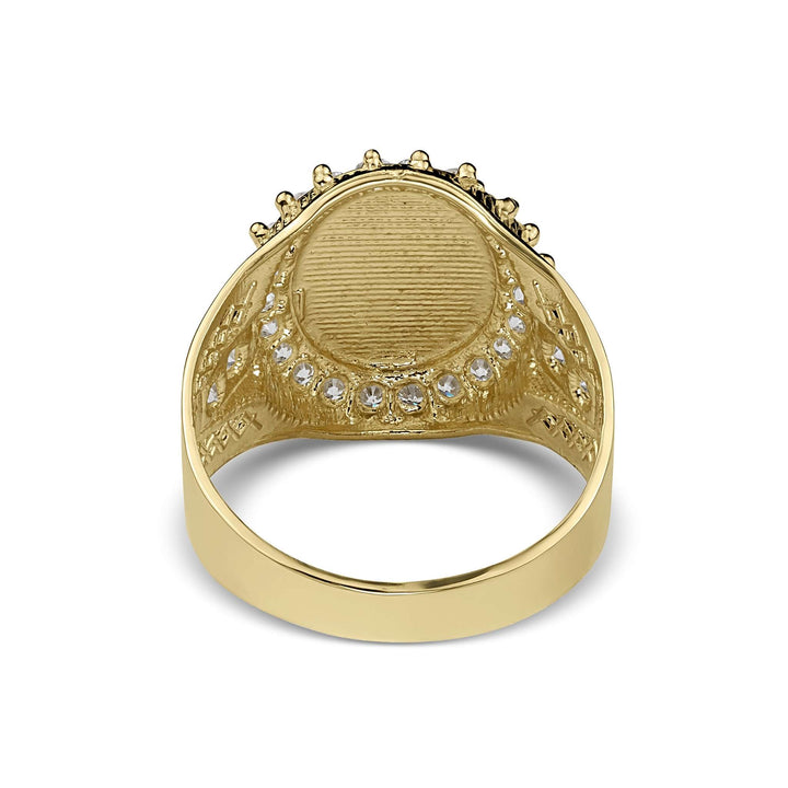 Back view of a gold zodiac signet ring showing the textured round undercarriage.