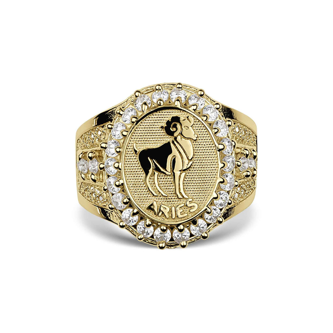 Front view of a gold Aries zodiac signet ring with a cubic zirconia halo.