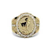 Front view of a gold Aries zodiac signet ring with a cubic zirconia halo.